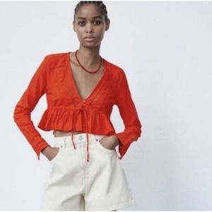 ZARA Orange Peplum Cropped Long Sleeve Top